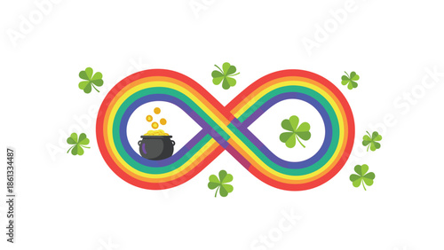 Vibrant rainbow infinity symbol with pot of gold and shamrocks, Generative AI.
