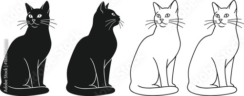 Black cat silhouette and line art set, domestic feline sitting poses, pet animal icons, cad drawing flat vector illustration, isolated on white