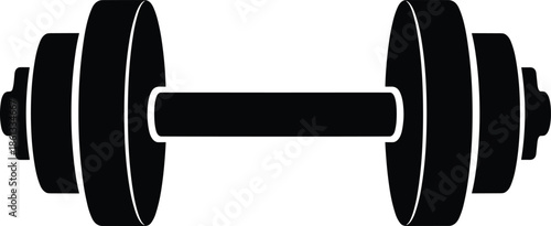 Black and white dumbbell vector illustration, gym fitness equipment icon for weightlifting workout, isolated heavy barbell symbol for strength training flat design.