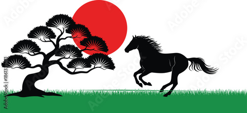 Black horse running in green grass field with bonsai tree and red sun, japanese style landscape, cad drawing flat vector illustration, isolated