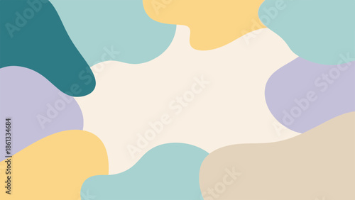 A colorful abstract illustration featuring organic shapes and pastel colors viewed from directly above