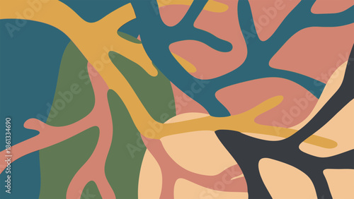 Vibrant abstract illustration of intertwined branches and shapes in a kaleidoscope of colors from a top-down viewpoint