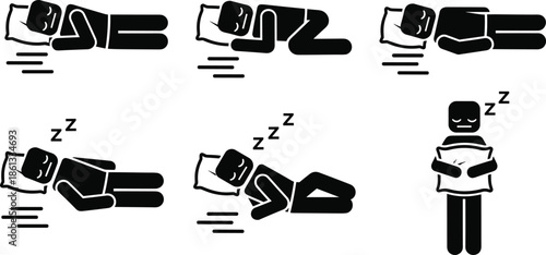 Collection of stick figure icons showing various sleeping positions, man lying on pillow, person dreaming and napping, cad drawing flat vector illustration, isolated.