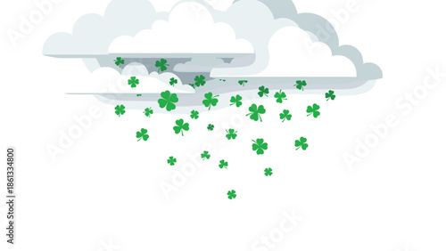 Lucky green shamrocks falling from cloudy sky on white, Generative AI.