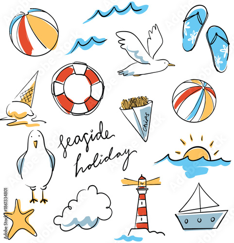 Seaside holiday doodles. Summer illustrations. Beach doodles. Seagull. Lighthouse. Ice cream. Beach ball. Summer items.