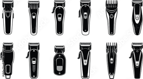 Electric hair clipper and trimmer silhouette set, barber shop professional grooming tools, cad drawing flat vector illustration, isolated on white