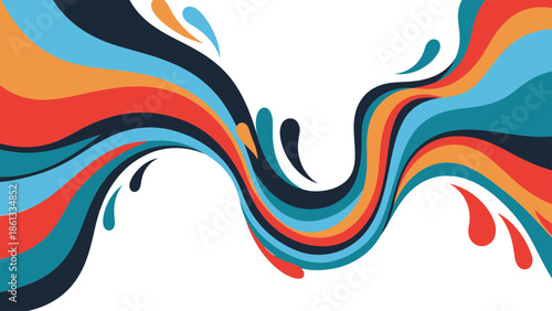 Vibrant abstract illustration of swirling waves and fluid shapes in blue, orange, and black hues on a white background