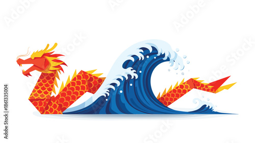 Vibrant dragon riding ocean wave with dynamic movement and energy, Generative AI.
