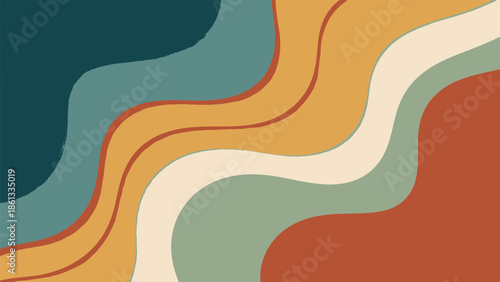 Abstract wavy lines in various colors on a layered background viewed from a straightforward perspective