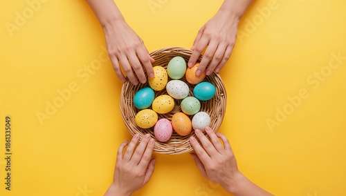Hands reaching for colorful pastel speckled Easter eggs in a woven basket on a bright yellow background