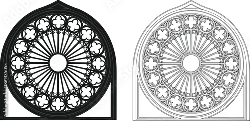 Gothic rose window silhouette set, medieval cathedral architecture church ornament, cathedral window pattern, cad drawing flat vector illustration, isolated black outline icons