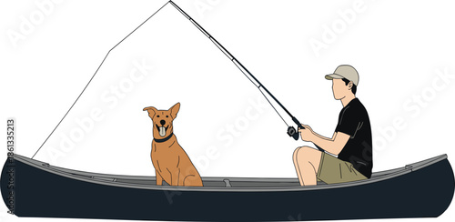 Man fishing in boat with dog, outdoor lake activity scene, pet companion on canoe, cad drawing flat vector illustration, isolated