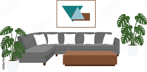 Modern living room interior with grey sectional sofa, wooden coffee table and monstera house plants, cad drawing flat vector illustration, isolated furniture