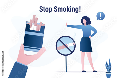 Seller hand give cigarette package. Smart woman shows gesture - stop. Refusal and quit smoking. Overcoming smoking addiction. Tobacco under restriction. Stop bad habit.