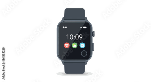 Digital smartwatch vector graphic with dark screen showing time health weather and messages representing advanced wearable tech and integrated daily