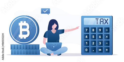 Tax time. Tax return. Calculator, bitcoin and female businesswoman trader. Money management, need to pay taxes from cryptocurrency trading or investment, motivation banner.