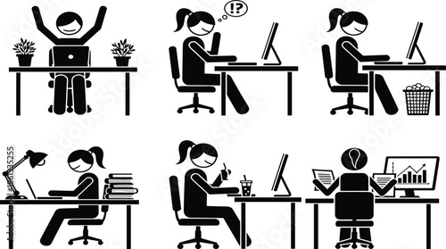 Office workstation business productivity silhouette set, woman working at desk with computer laptop, cad drawing flat vector illustration, isolated black stick figure icons