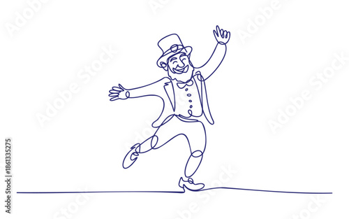 Joyful bearded man in a top hat dancing happily in a continuous line art style