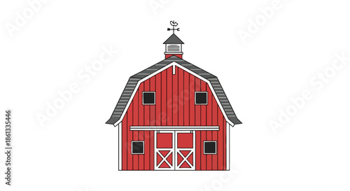 Bold red barn illustration featuring traditional gambrel roofing and a delicate weathervane an enduring emblem of agricultural life and charming
