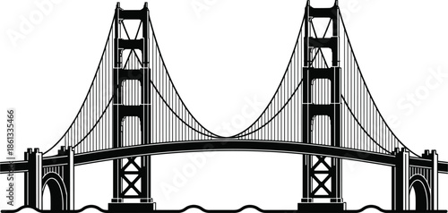 San Francisco Golden Gate Bridge vector illustration, black and white suspension bridge silhouette, famous American landmark architecture design, isolated on white background.