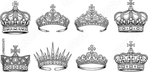 Royal crown and tiara collection, vintage king queen and princess headwear, cad drawing flat vector illustration, isolated on white