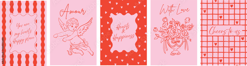 Fototapeta premium Valentine posters set with cupid art, hearts, flowers, handwritten quotes. Ideal for wall decor, greeting cards, invitations, prints, social media, wall art. 