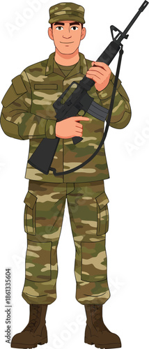 A brave soldier in full camouflage uniform holding an assault rifle against a clean white background