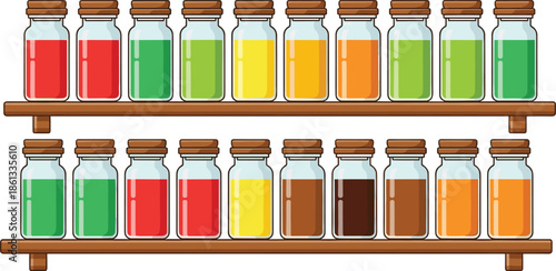Set of colorful potion or spice jars with wooden caps arranged on shelves cad drawing flat vector illustration for kitchen or laboratory.