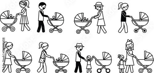 Set of family members pushing baby strollers with infants and children, parent and child flat vector illustration, cad drawing isolated on white.