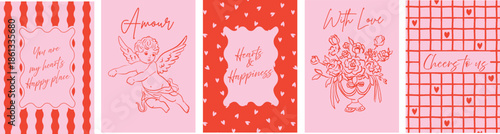 Valentine posters set with cupid art, hearts, flowers, handwritten quotes. Ideal for wall decor, greeting cards, invitations, prints, social media, wall art. 