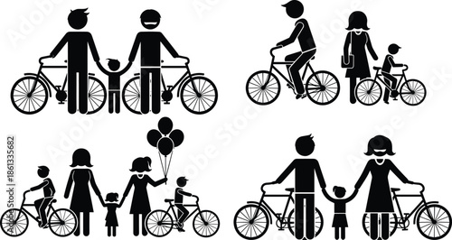 Set of family bicycle silhouettes with parents and children riding bikes and holding hands cad drawing flat vector illustration for outdoor activities.