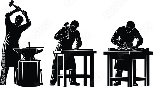 Set of three manual workers silhouette, blacksmith striking anvil, carpenter using hammer, craftsman at workbench, black and white vector illustration design.
