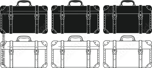 Set of vintage travel suitcase icons featuring retro luggage bags in solid black and thin line art cad drawing flat vector illustration.