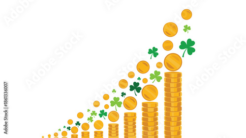 Increasing stacks of gold coins with shamrocks rising upwards, Generative AI.