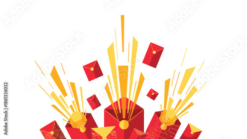 Vibrant red envelopes exploding in dynamic motion with golden accents, Generative AI.