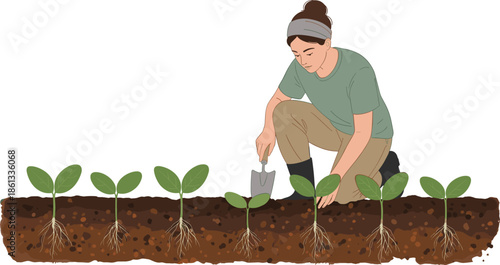 Woman gardening and planting young seedlings in soil, organic farming concept with roots, cad drawing flat vector illustration, isolated agricultural activity scene