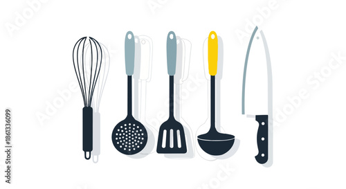 Essential Home Cooking Tools Arrayed in a Clean Graphic Style for Culinary Arts