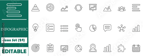 Modern infographic icon set with charts, graphs, process, flow and data elements. Clean editable vector icons for business reports, dashboards, presentations and web design.