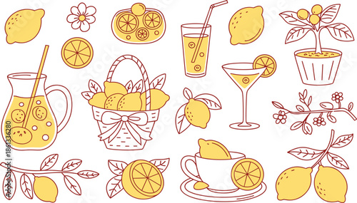 Hand drawn yellow lemon citrus vector set with fresh fruits in basket, lemonade pitcher, cocktail and blossom branches