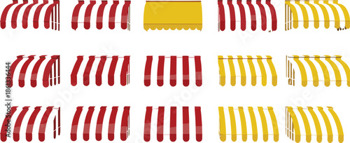 Shop awning canopy set illustration red yellow striped storefront shade isolated vector collection for retail market exterior design use