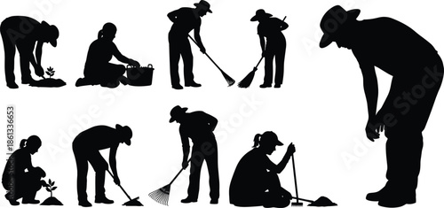 Gardening worker silhouettes set showing planting digging raking outdoor labor activities isolated black vector illustration collection design