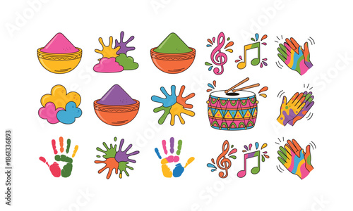 Holi festival elements music and hand clap with color vector set