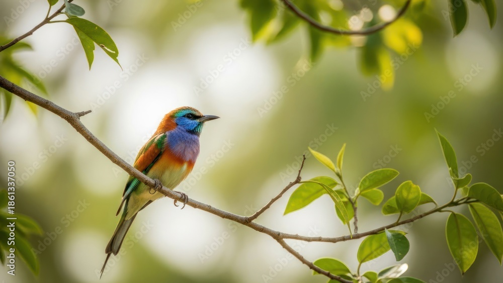 Obraz premium Colorful bird perched on a branch against a blurred background