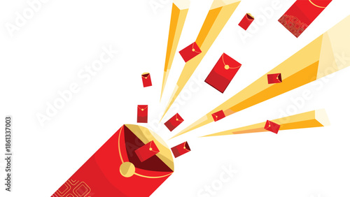 Vibrant red firework exploding with golden envelopes and money, Generative AI.