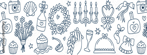 Hand drawn blue wedding celebration vector set with flower bouquet, champagne bottle, cake, candles, camera and romantic icons