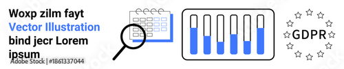 Magnifying glass over calendar, blue-highlighted bar chart, GDPR compliance badge. Ideal for data management, compliance, analytics, auditing, research, privacy simple landing page