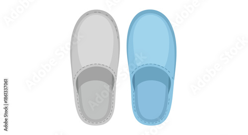 Two soft indoor slippers, grey and blue, symbolize comfort and home relaxation. Simple vector illustration for cozy domestic scenes and footwear