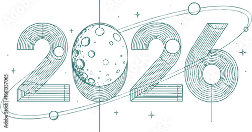 Futuristic 2026 Year Design with Space Theme, Moon, Planets, and Orbital Wireframe Lines