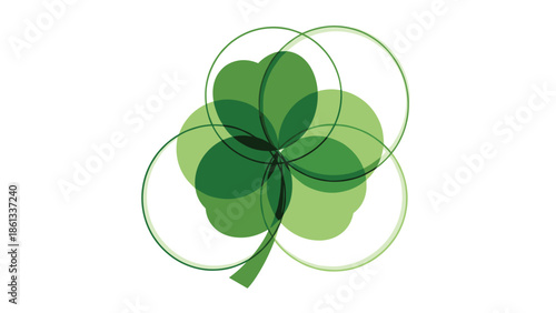 Vibrant green four leaf clover with elegant overlapping circles design, Generative AI.