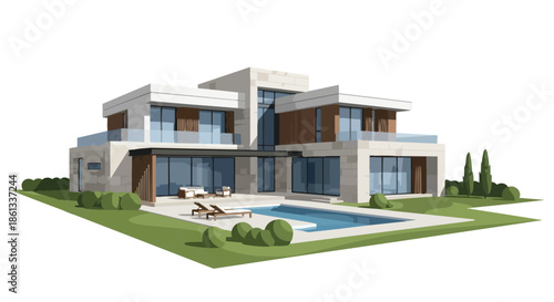 Modern upscale residential building rendered with clean lines, large windows, a sleek private pool, and green landscaping for contemporary